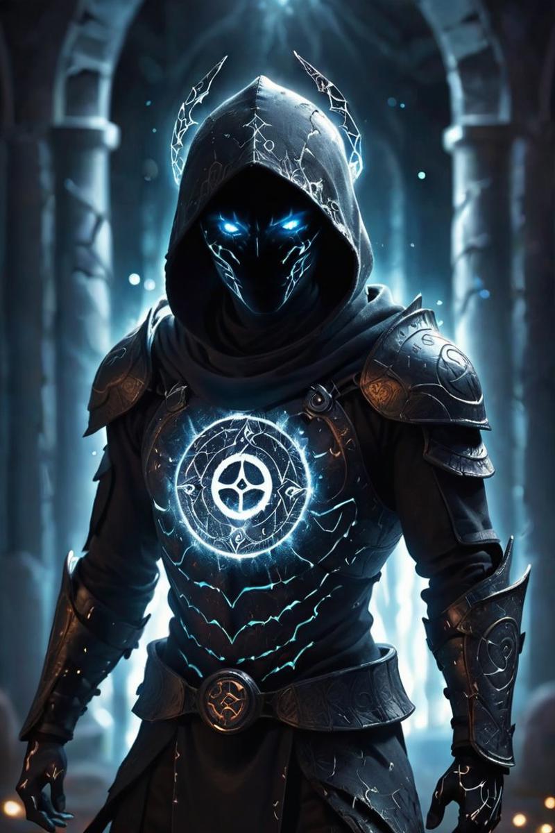 01140-3861789774-A dark ghostly male silhouette. Messenger of Gaa. Cracked skin. light armor. Cracked armor. Canvas hood. Runic circle. Elements.jpg